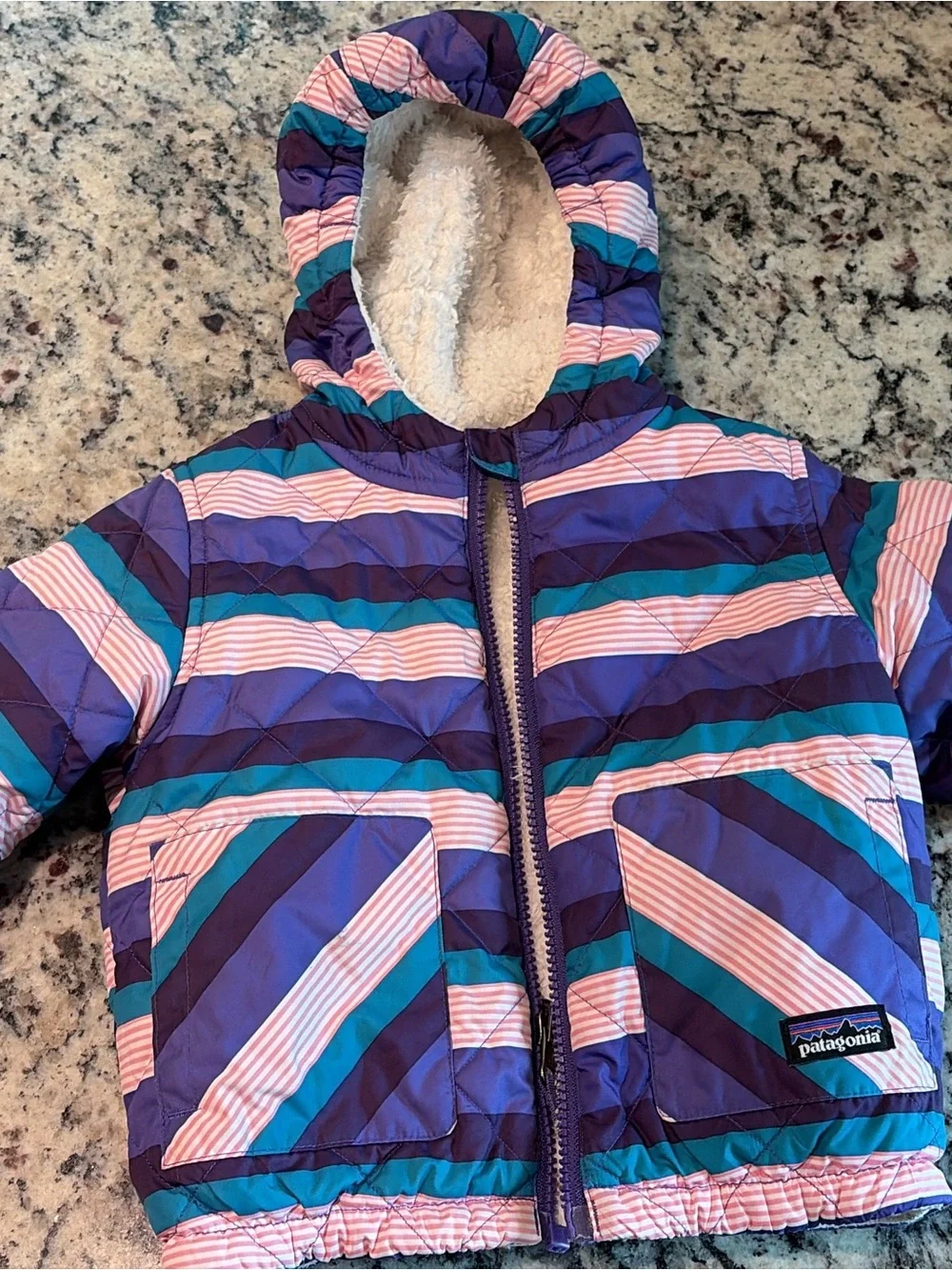 Patagonia Kids Hooded Puffer Jacket in Purple, Teal & Pink Stripes